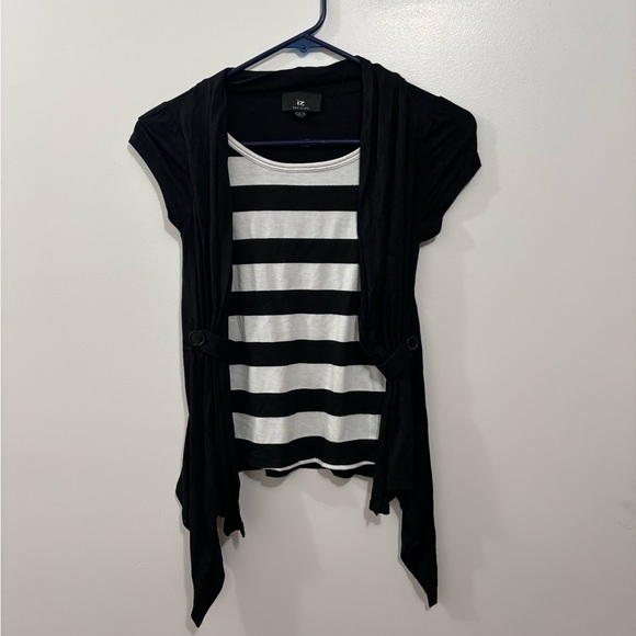 Iz byer vintage y2k 2 in 1 black cardigan and striped short sleeve shirt button - Picture 7 of 7